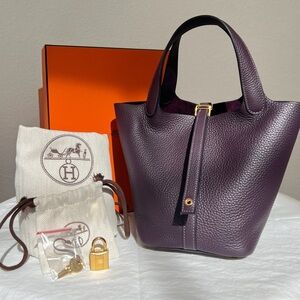 Hermes Plum Leather Picotin Tote with Gold Hardware